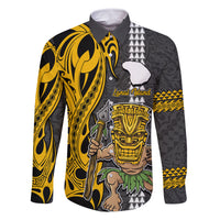 Custom Hawaii Lanai Island Family Matching Long Sleeve Bodycon Dress and Hawaiian Shirt Hawaiian Warrior and Kakau Symbols Abstract Tattoo LT03 Dad's Shirt - Long Sleeve Yellow - Polynesian Pride