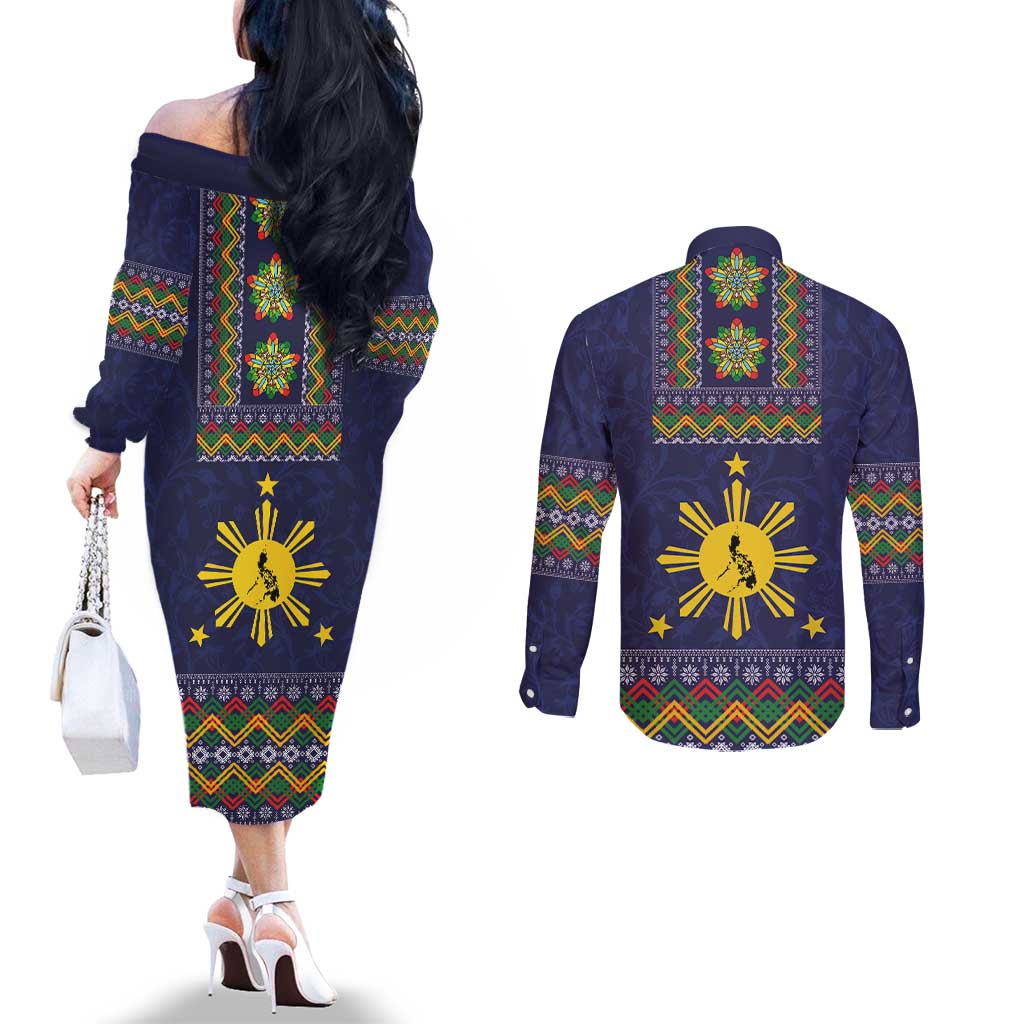 Philippines Merry Christmas Couples Matching Off The Shoulder Long Sleeve Dress and Long Sleeve Button Shirt Maligayang Pasko with Parol and Xmas Pattern Barong Style