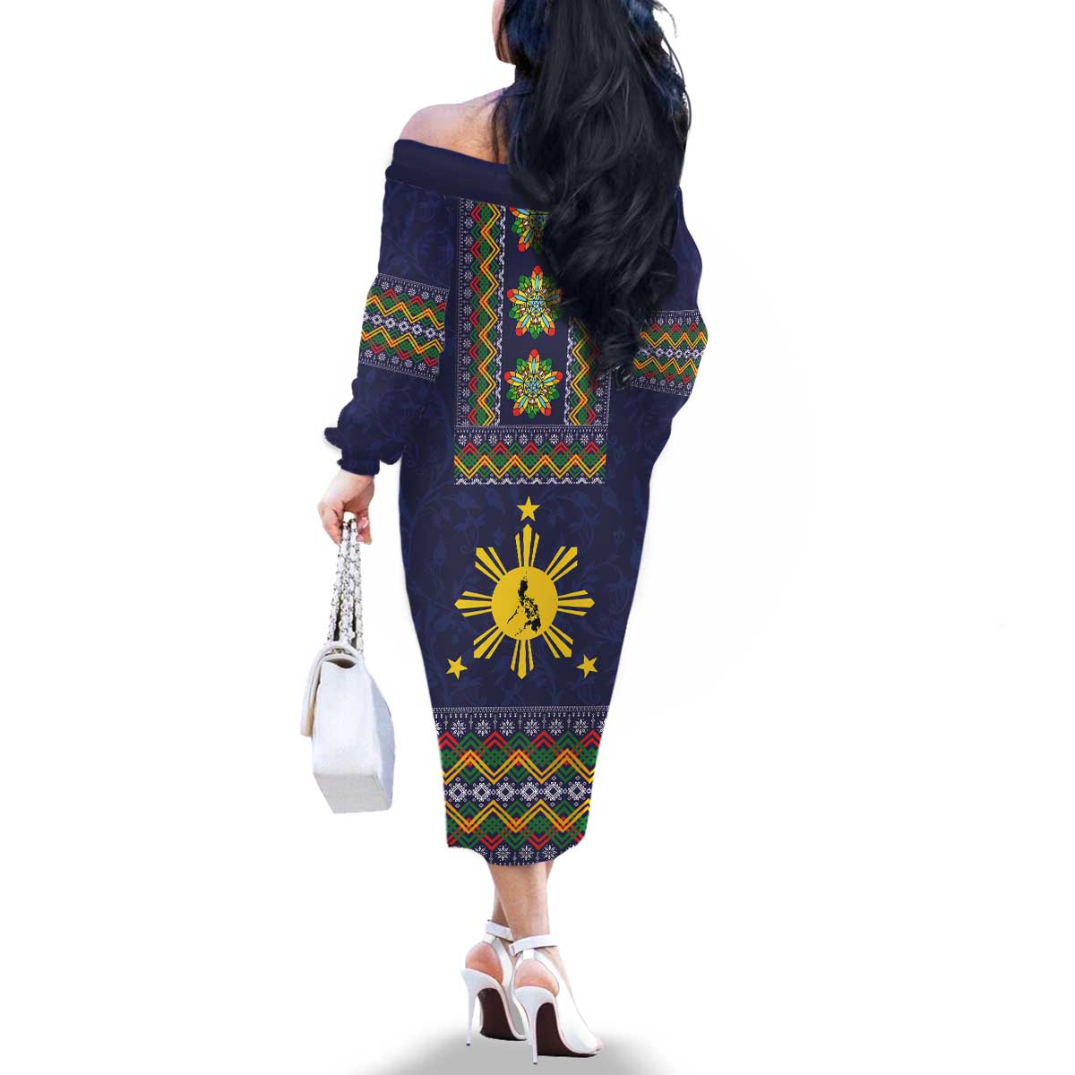 Philippines Merry Christmas Family Matching Off The Shoulder Long Sleeve Dress and Hawaiian Shirt Maligayang Pasko with Parol and Xmas Pattern Barong Style