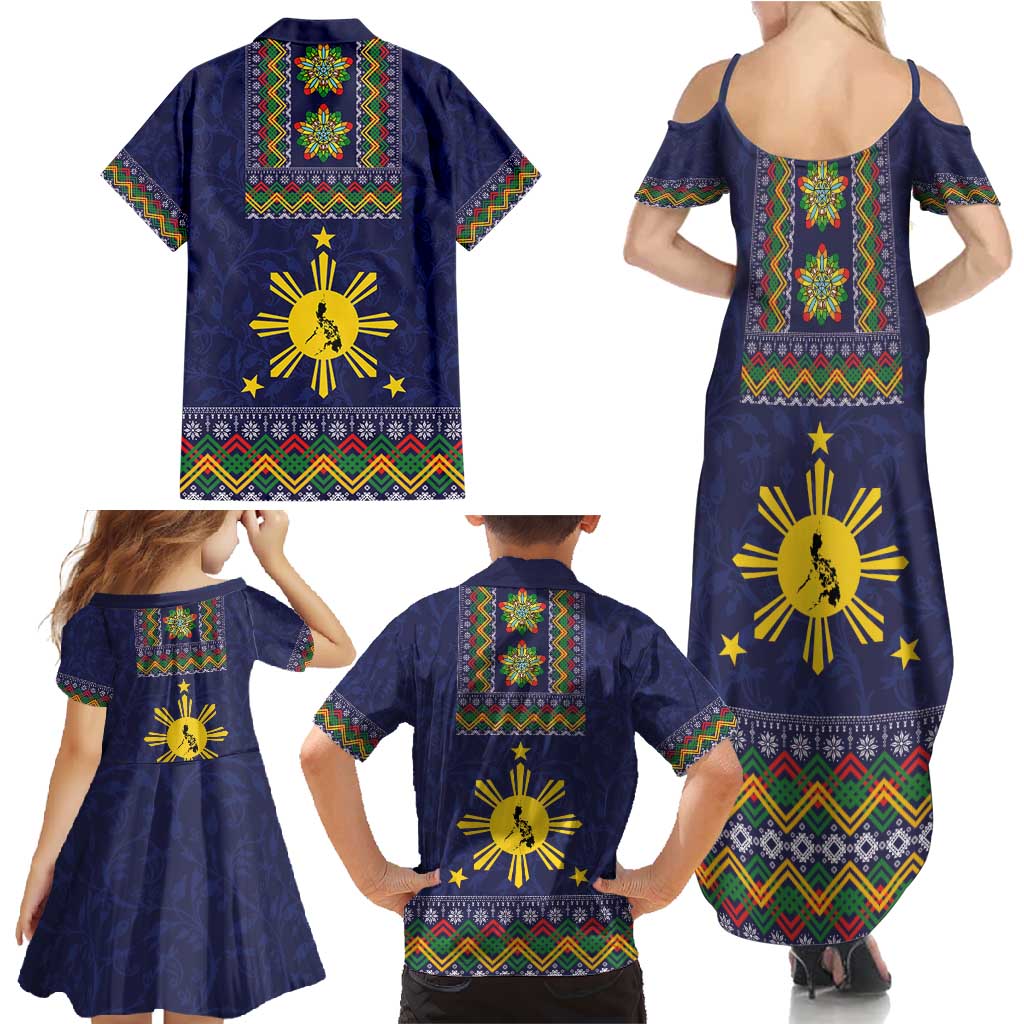Philippines Merry Christmas Family Matching Summer Maxi Dress and Hawaiian Shirt Maligayang Pasko with Parol and Xmas Pattern Barong Style