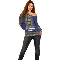 Philippines Merry Christmas Off Shoulder Sweater Maligayang Pasko with Parol and Xmas Pattern Barong Style
