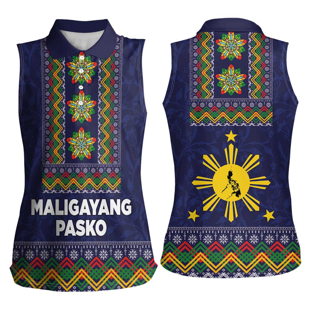 Philippines Merry Christmas Women Sleeveless Polo Shirt Maligayang Pasko with Parol and Xmas Pattern Barong Style