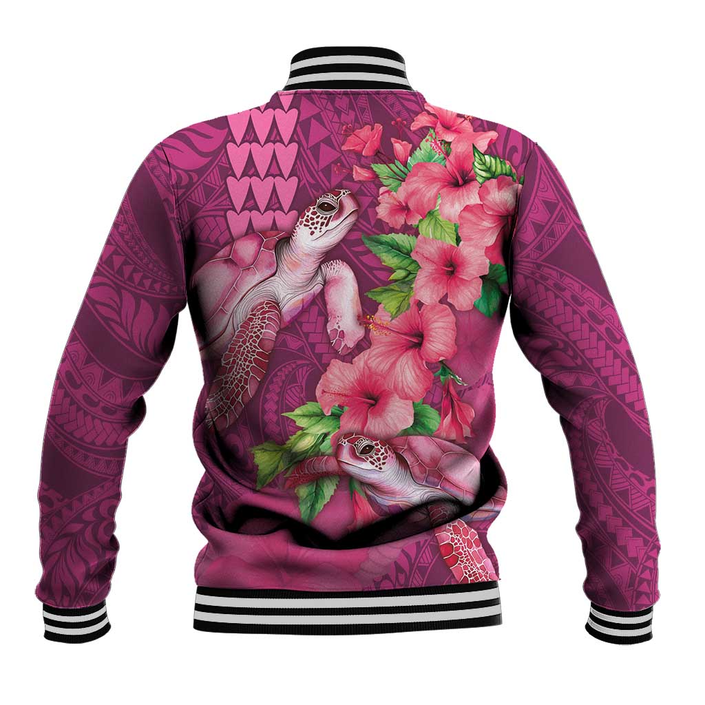 Hawaiian Turtle Love Couple Baseball Jacket - Sweet Hibiscus and Kakau Pattern Rose Color