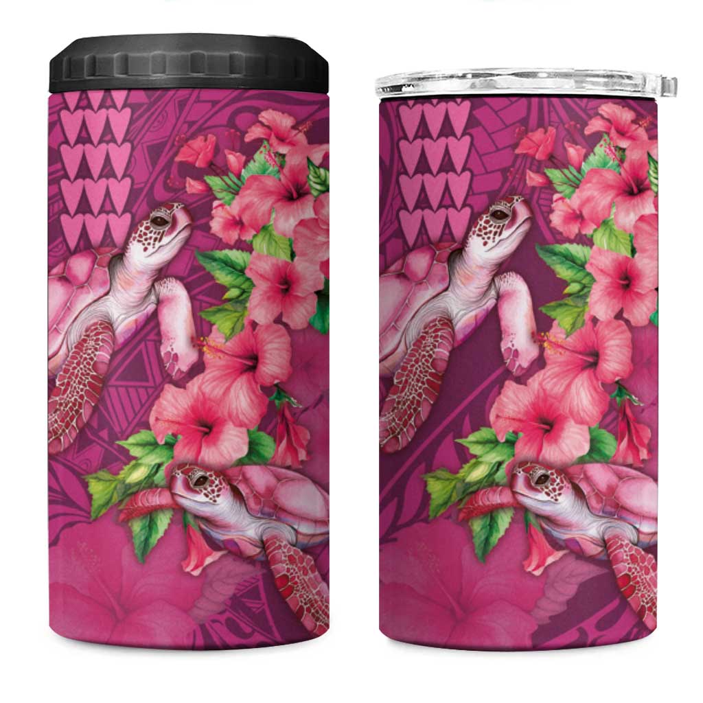 Hawaiian Turtle Love Couple 4 in 1 Can Cooler Tumbler Sweet Hibiscus and Kakau Pattern Rose Color