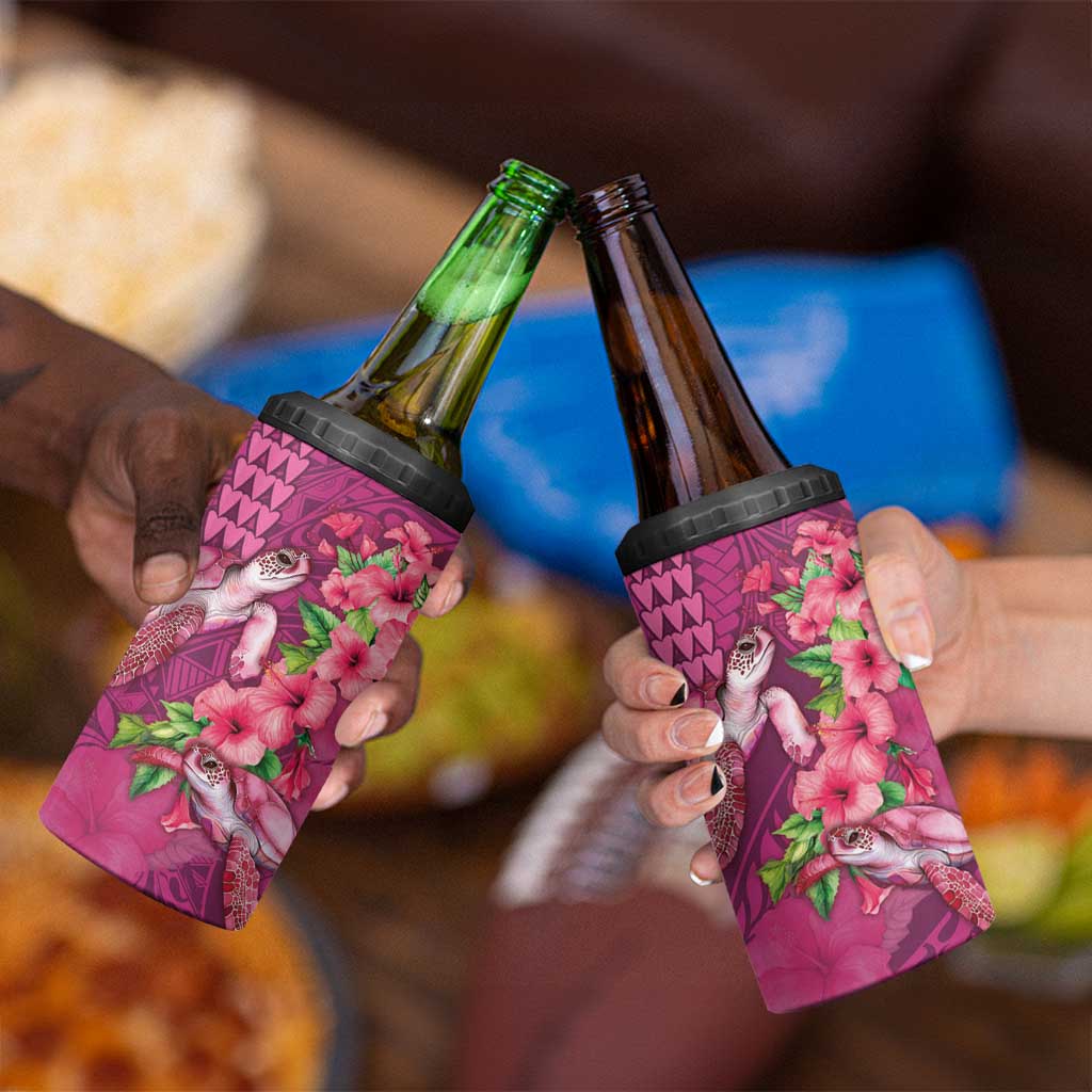 Hawaiian Turtle Love Couple 4 in 1 Can Cooler Tumbler Sweet Hibiscus and Kakau Pattern Rose Color