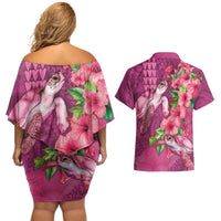 Hawaiian Turtle Love Couple Couples Matching Off Shoulder Short Dress and Hawaiian Shirt - Sweet Hibiscus and Kakau Pattern Rose Color