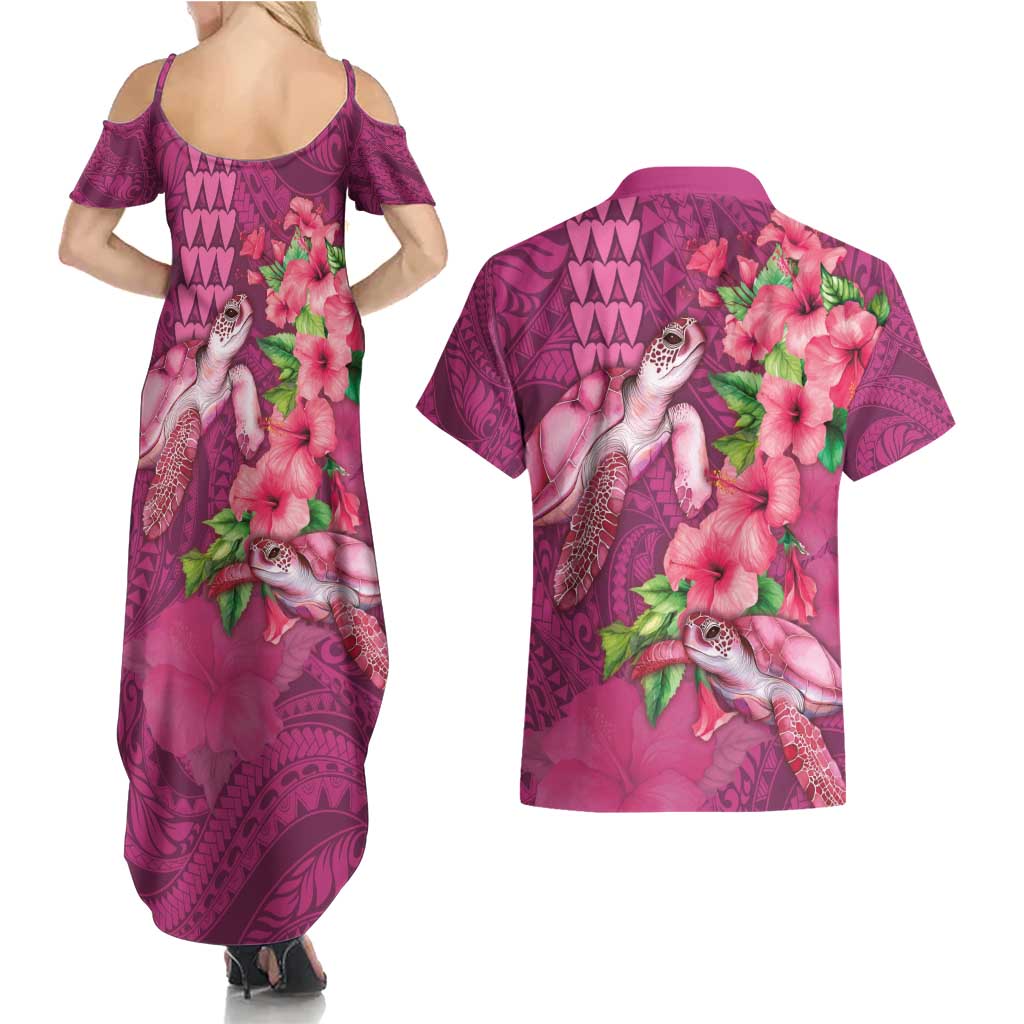 Hawaiian Turtle Love Couple Couples Matching Summer Maxi Dress and Hawaiian Shirt - Sweet Hibiscus and Kakau Pattern Rose Color