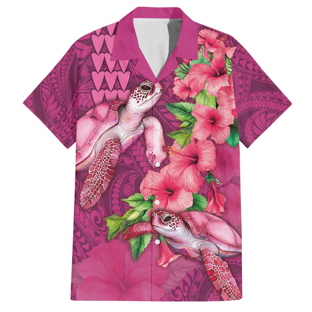 Hawaiian Turtle Love Couple Family Matching Long Sleeve Bodycon Dress and Hawaiian Shirt - Sweet Hibiscus and Kakau Pattern Rose Color