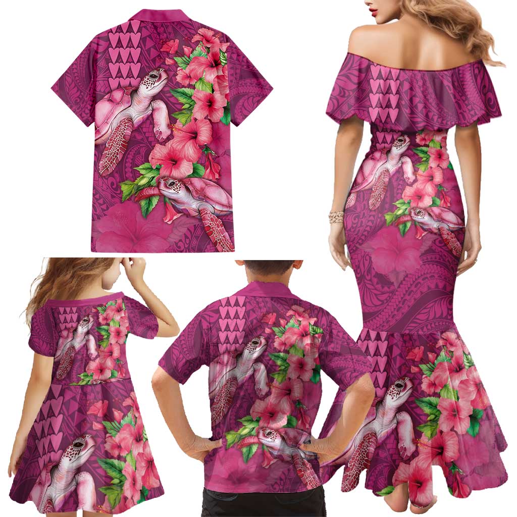 Hawaiian Turtle Love Couple Family Matching Mermaid Dress and Hawaiian Shirt - Sweet Hibiscus and Kakau Pattern Rose Color
