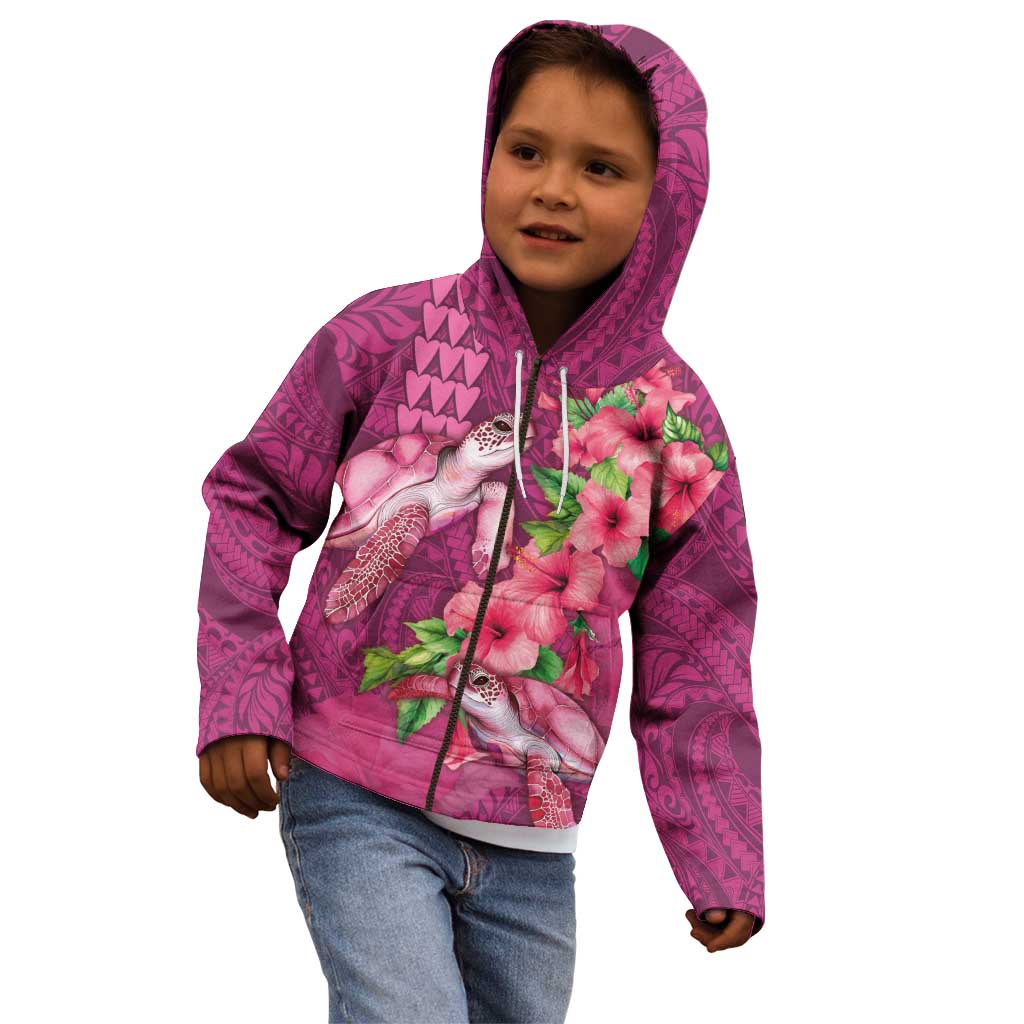 Hawaiian Turtle Love Couple Kid Hoodie - Sweet Hibiscus and Kakau Pattern Rose Color