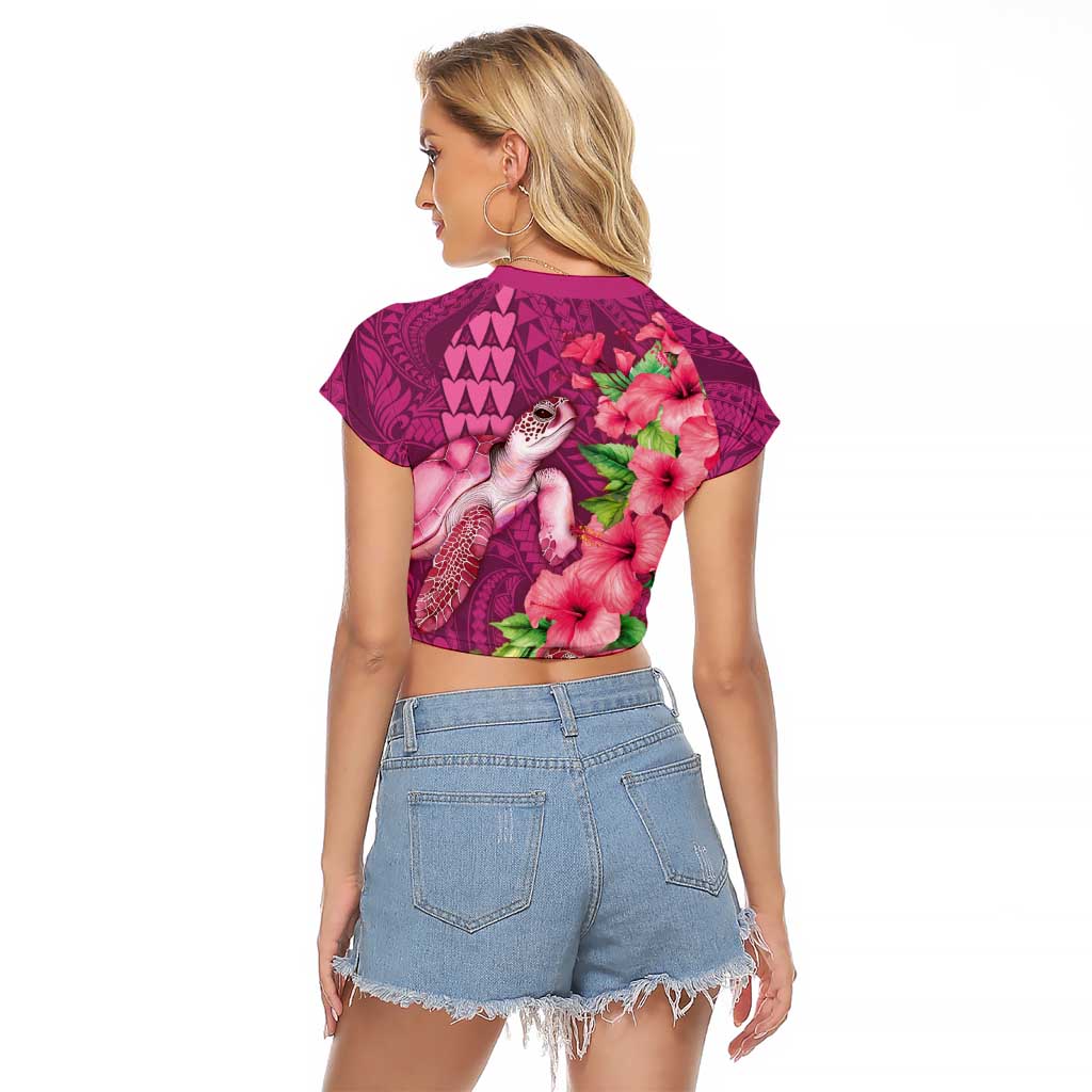 Hawaiian Turtle Love Couple Raglan Cropped T Shirt - Sweet Hibiscus and Kakau Pattern Rose Color