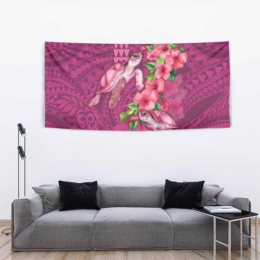 Hawaiian Turtle Love Couple Tapestry - Sweet Hibiscus and Kakau Pattern Rose Color
