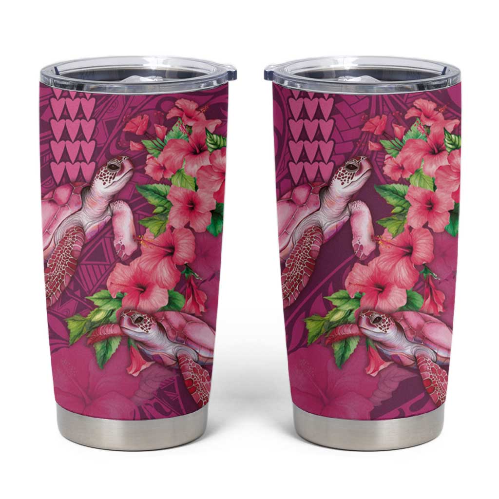Hawaiian Turtle Love Couple Tumbler Cup Sweet Hibiscus and Kakau Pattern Rose Color