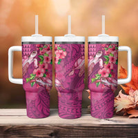 Hawaiian Turtle Love Couple Tumbler With Handle Sweet Hibiscus and Kakau Pattern Rose Color