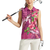 Hawaiian Turtle Love Couple Women Sleeveless Polo Shirt - Sweet Hibiscus and Kakau Pattern Rose Color
