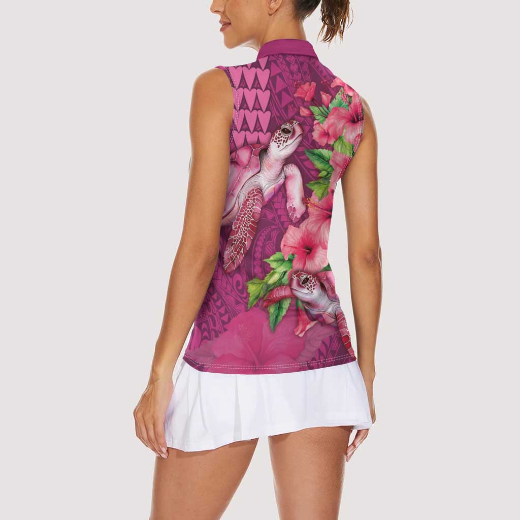 Hawaiian Turtle Love Couple Women Sleeveless Polo Shirt - Sweet Hibiscus and Kakau Pattern Rose Color