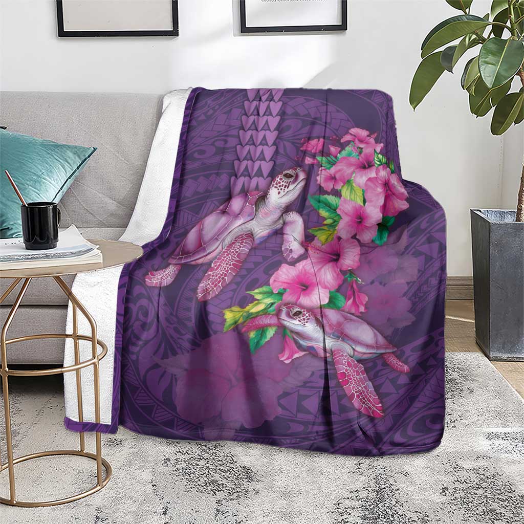 Hawaiian Turtle Love Couple Blanket - Sweet Hibiscus and Kakau Pattern Deep Purple Color