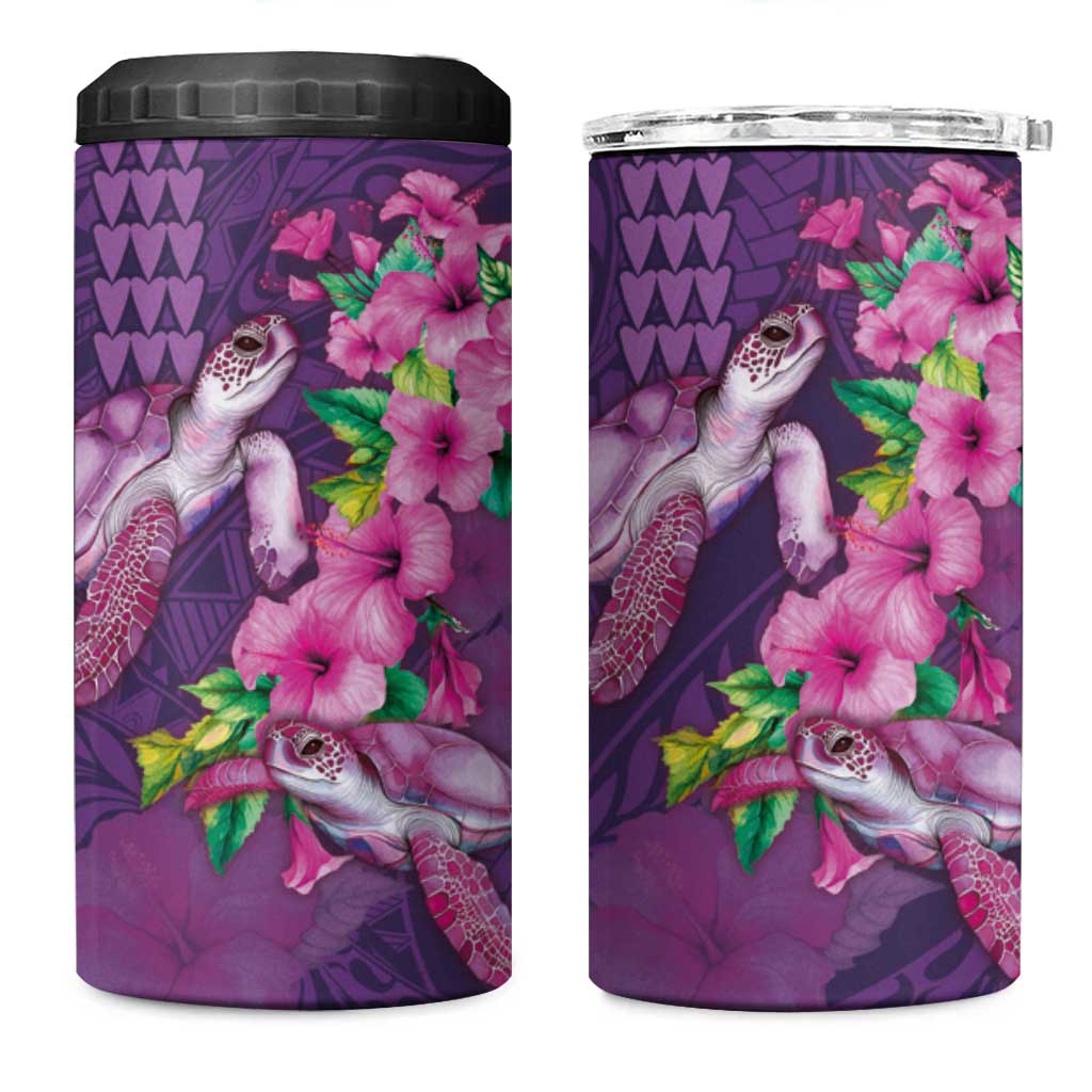 Hawaiian Turtle Love Couple 4 in 1 Can Cooler Tumbler Sweet Hibiscus and Kakau Pattern Deep Purple Color