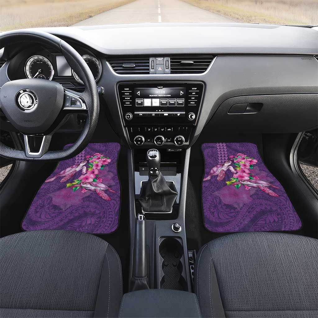 Hawaiian Turtle Love Couple Car Mats - Sweet Hibiscus and Kakau Pattern Deep Purple Color