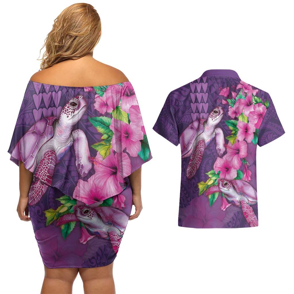 Hawaiian Turtle Love Couple Couples Matching Off Shoulder Short Dress and Hawaiian Shirt - Sweet Hibiscus and Kakau Pattern Deep Purple Color