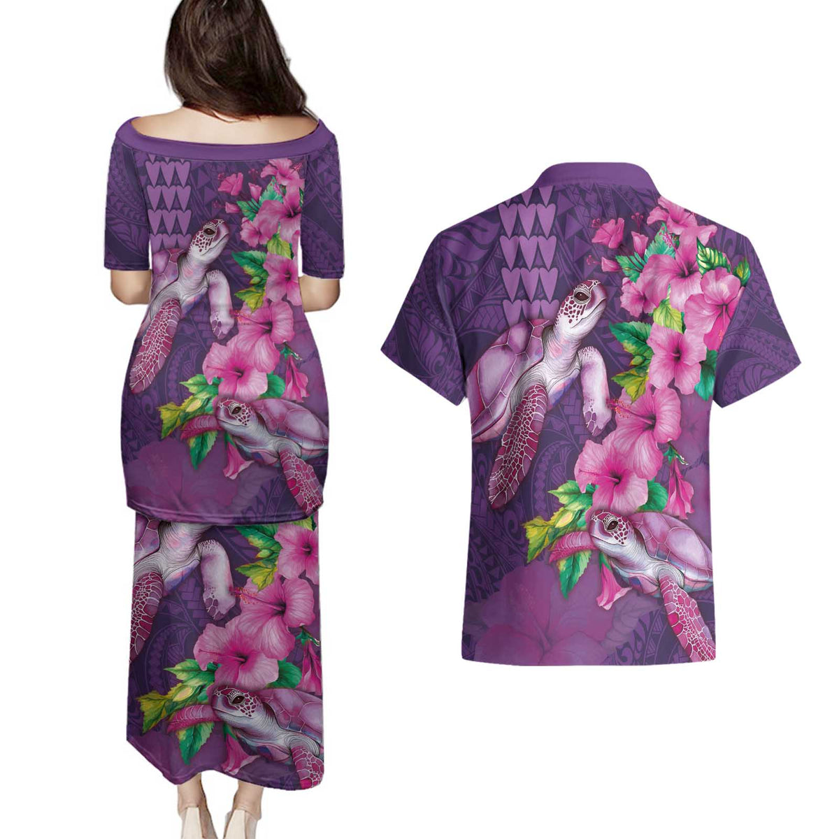 Hawaiian Turtle Love Couple Couples Matching Puletasi and Hawaiian Shirt - Sweet Hibiscus and Kakau Pattern Deep Purple Color