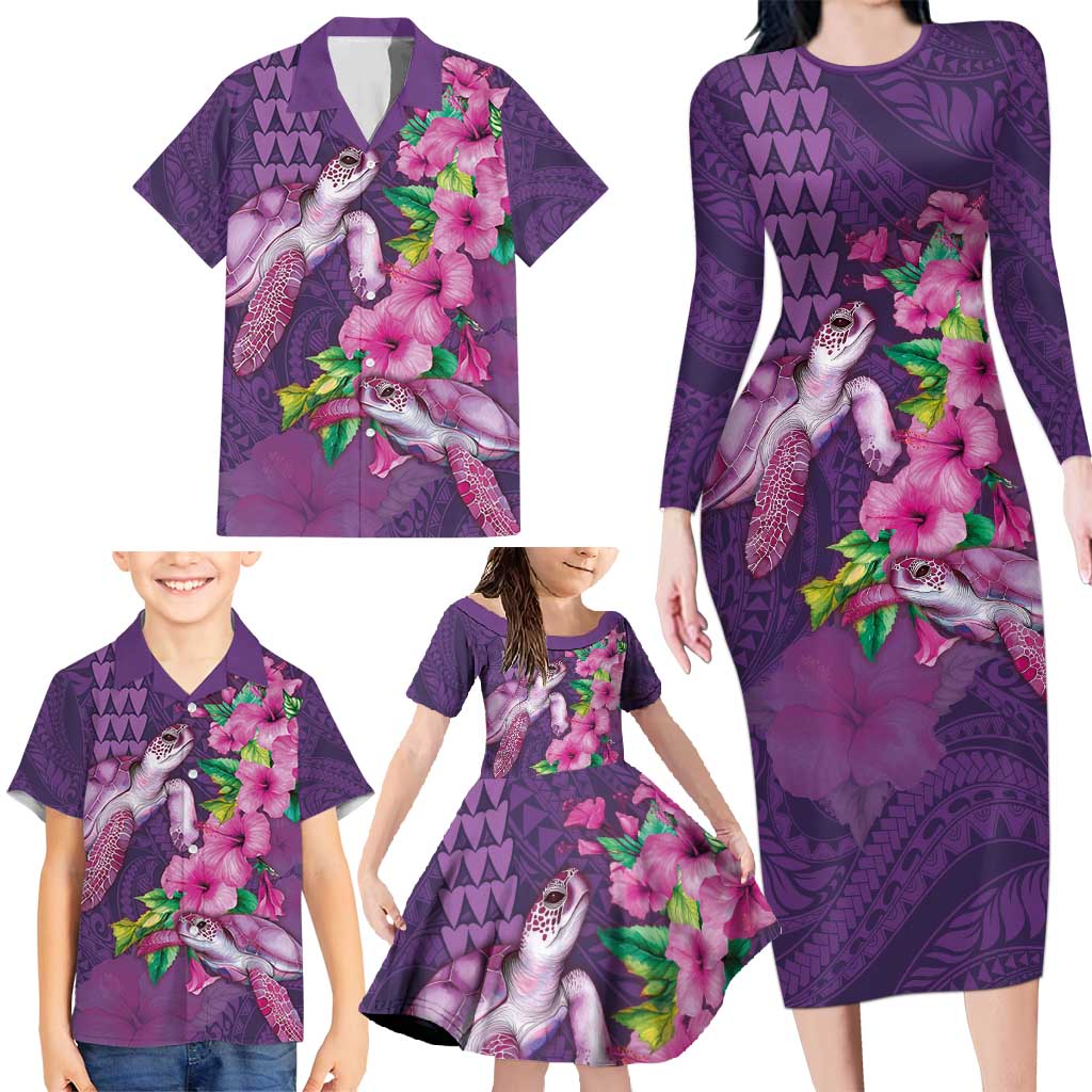 Hawaiian Turtle Love Couple Family Matching Long Sleeve Bodycon Dress and Hawaiian Shirt - Sweet Hibiscus and Kakau Pattern Deep Purple Color