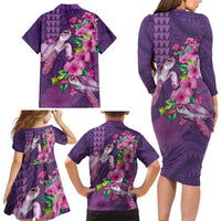 Hawaiian Turtle Love Couple Family Matching Long Sleeve Bodycon Dress and Hawaiian Shirt - Sweet Hibiscus and Kakau Pattern Deep Purple Color