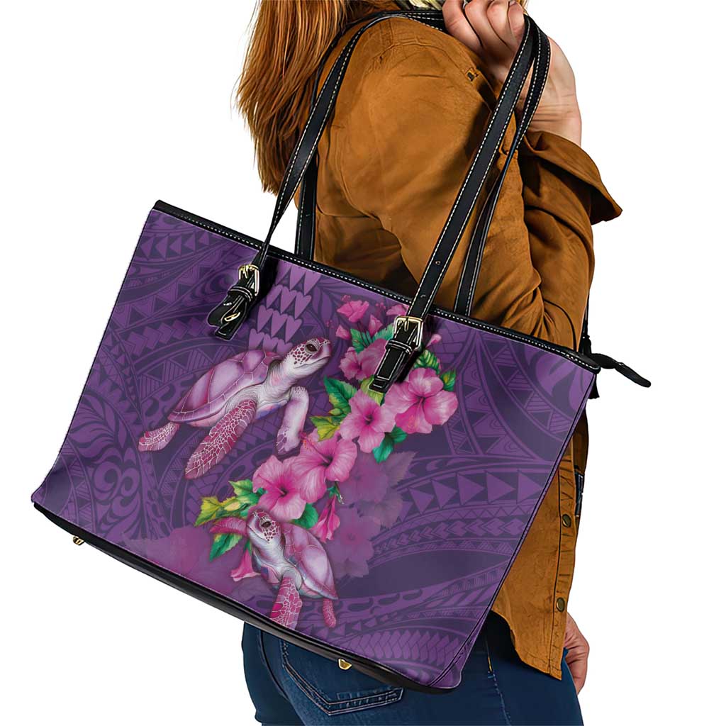 Hawaiian Turtle Love Couple Leather Tote Bag - Sweet Hibiscus and Kakau Pattern Deep Purple Color
