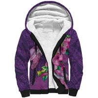 Hawaiian Turtle Love Couple Sherpa Hoodie - Sweet Hibiscus and Kakau Pattern Deep Purple Color