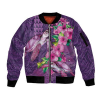 Hawaiian Turtle Love Couple Sleeve Zip Bomber Jacket - Sweet Hibiscus and Kakau Pattern Deep Purple Color