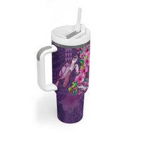 Hawaiian Turtle Love Couple Tumbler With Handle Sweet Hibiscus and Kakau Pattern Deep Purple Color