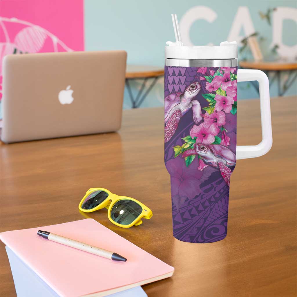 Hawaiian Turtle Love Couple Tumbler With Handle Sweet Hibiscus and Kakau Pattern Deep Purple Color