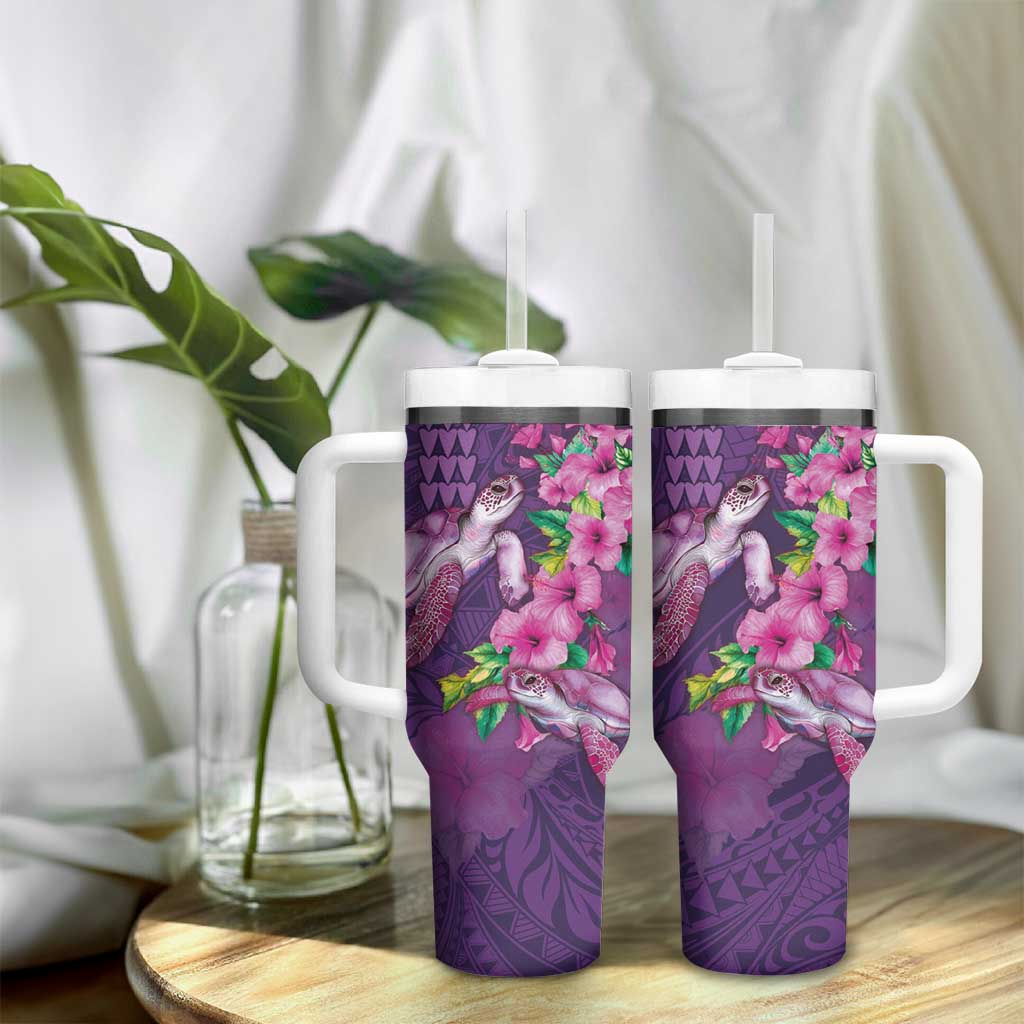 Hawaiian Turtle Love Couple Tumbler With Handle Sweet Hibiscus and Kakau Pattern Deep Purple Color