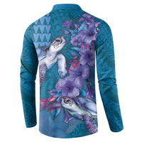 Hawaiian Turtle Love Couple Button Sweatshirt - Sweet Hibiscus and Kakau Pattern Sapphire Color