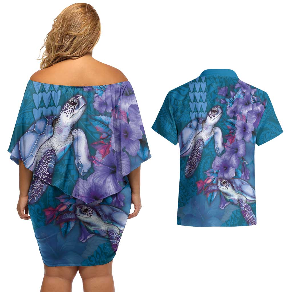 Hawaiian Turtle Love Couple Couples Matching Off Shoulder Short Dress and Hawaiian Shirt - Sweet Hibiscus and Kakau Pattern Sapphire Color