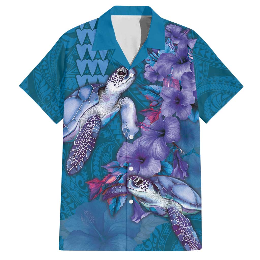 Hawaiian Turtle Love Couple Family Matching Long Sleeve Bodycon Dress and Hawaiian Shirt - Sweet Hibiscus and Kakau Pattern Sapphire Color
