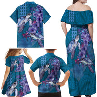 Hawaiian Turtle Love Couple Family Matching Off Shoulder Maxi Dress and Hawaiian Shirt - Sweet Hibiscus and Kakau Pattern Sapphire Color