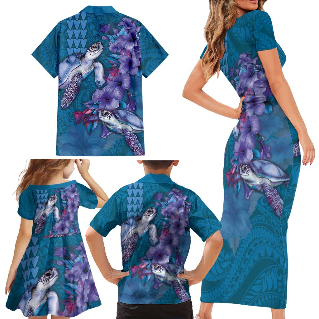 Hawaiian Turtle Love Couple Family Matching Short Sleeve Bodycon Dress and Hawaiian Shirt - Sweet Hibiscus and Kakau Pattern Sapphire Color