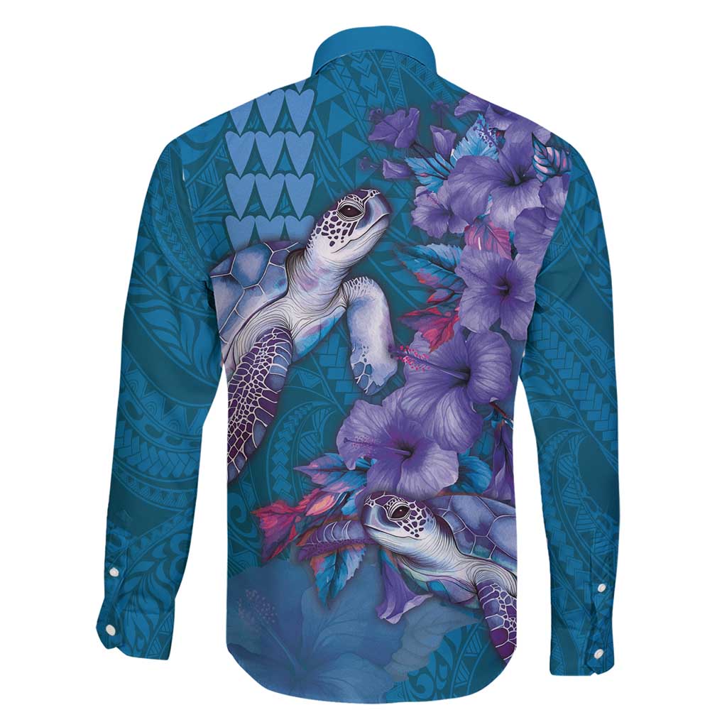 Hawaiian Turtle Love Couple Family Matching Short Sleeve Bodycon Dress and Hawaiian Shirt - Sweet Hibiscus and Kakau Pattern Sapphire Color