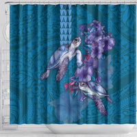 Hawaiian Turtle Love Couple Shower Curtain - Sweet Hibiscus and Kakau Pattern Sapphire Color