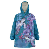 Hawaiian Turtle Love Couple Wearable Blanket Hoodie - Sweet Hibiscus and Kakau Pattern Sapphire Color