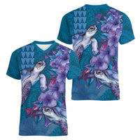 Hawaiian Turtle Love Couple Women V-Neck T-Shirt - Sweet Hibiscus and Kakau Pattern Sapphire Color