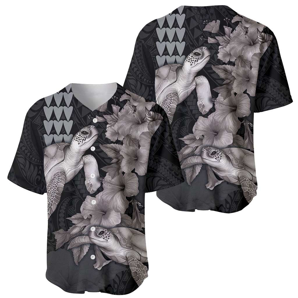 Hawaiian Turtle Love Couple Baseball Jersey - Sweet Hibiscus and Kakau Pattern Grayscale Color