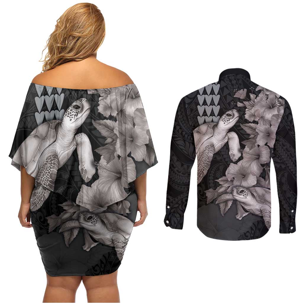 Hawaiian Turtle Love Couple Couples Matching Off Shoulder Short Dress and Long Sleeve Button Shirt - Sweet Hibiscus and Kakau Pattern Grayscale Color