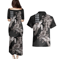 Hawaiian Turtle Love Couple Couples Matching Puletasi and Hawaiian Shirt - Sweet Hibiscus and Kakau Pattern Grayscale Color