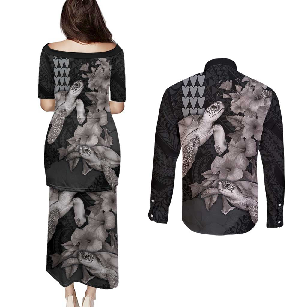 Hawaiian Turtle Love Couple Couples Matching Puletasi and Long Sleeve Button Shirt - Sweet Hibiscus and Kakau Pattern Grayscale Color