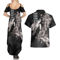 Hawaiian Turtle Love Couple Couples Matching Summer Maxi Dress and Hawaiian Shirt - Sweet Hibiscus and Kakau Pattern Grayscale Color