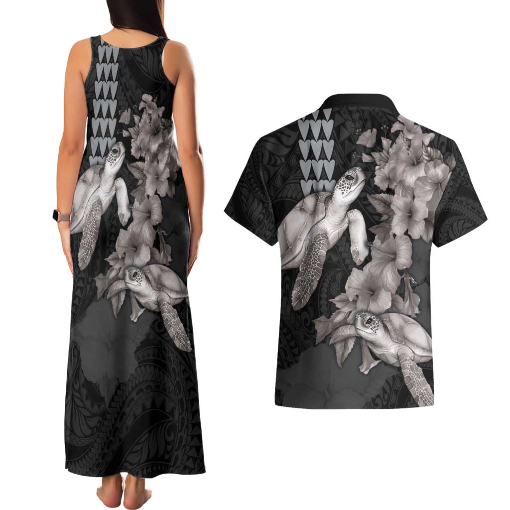 Hawaiian Turtle Love Couple Couples Matching Tank Maxi Dress and Hawaiian Shirt - Sweet Hibiscus and Kakau Pattern Grayscale Color