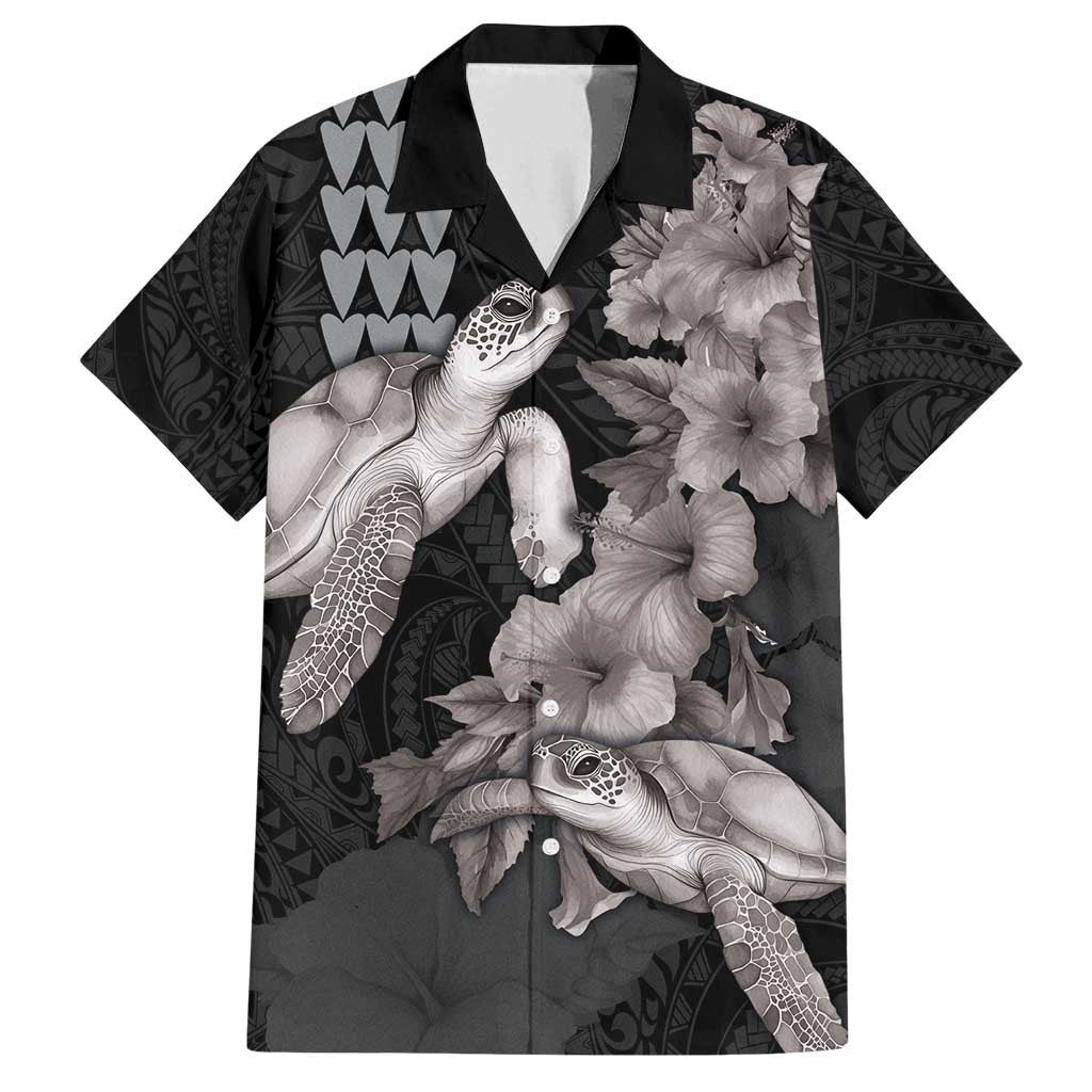 Hawaiian Turtle Love Couple Family Matching Long Sleeve Bodycon Dress and Hawaiian Shirt - Sweet Hibiscus and Kakau Pattern Grayscale Color