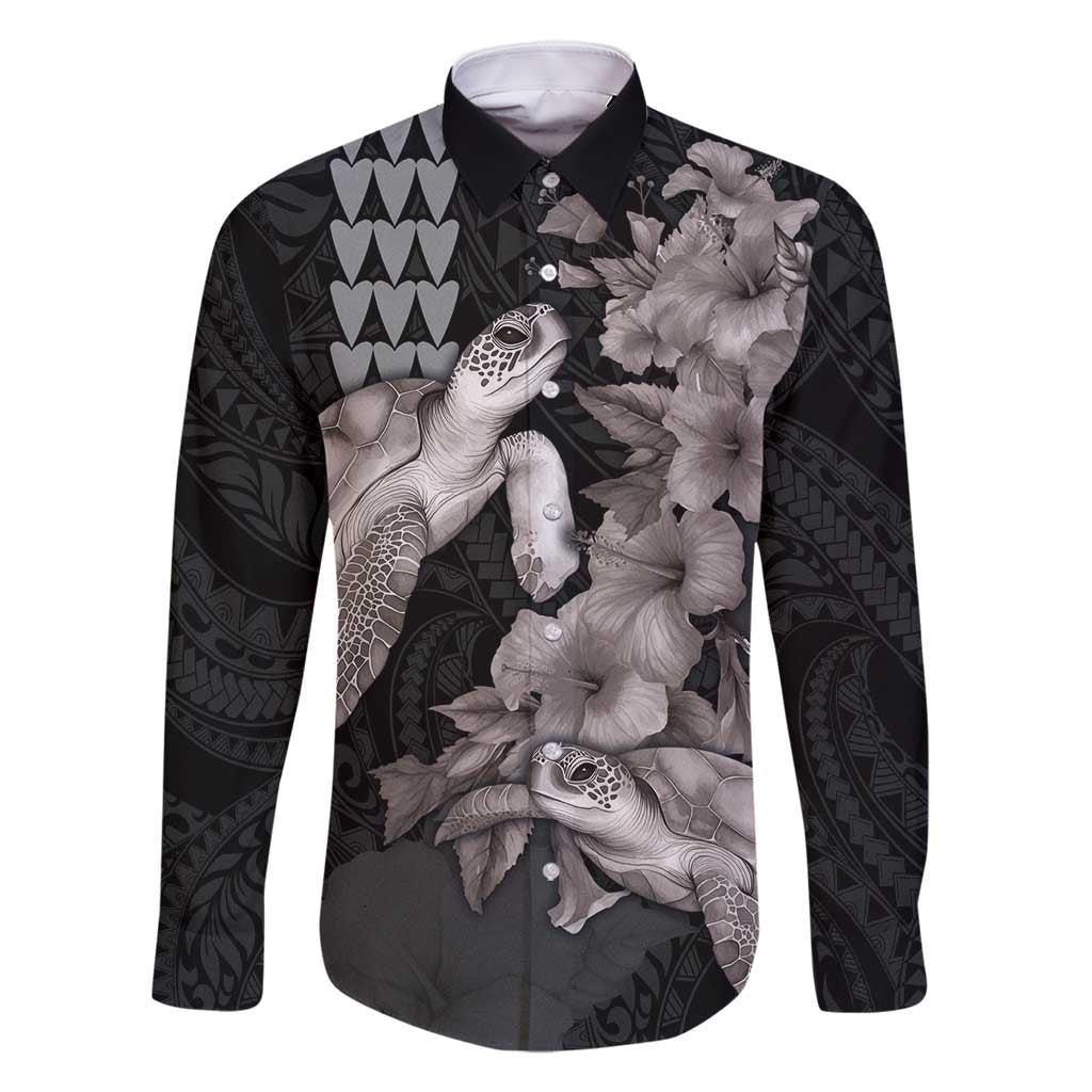 Hawaiian Turtle Love Couple Family Matching Off Shoulder Short Dress and Hawaiian Shirt - Sweet Hibiscus and Kakau Pattern Grayscale Color